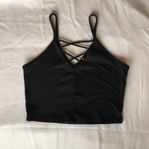 Ribbed cross lace crop tank top